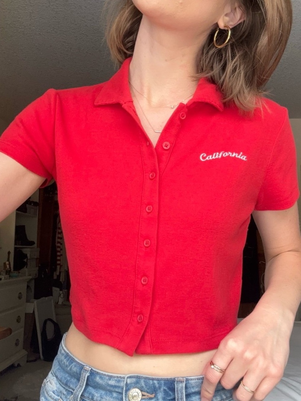 forever 21 bright red california embroidered cropped button up polo t-shirt